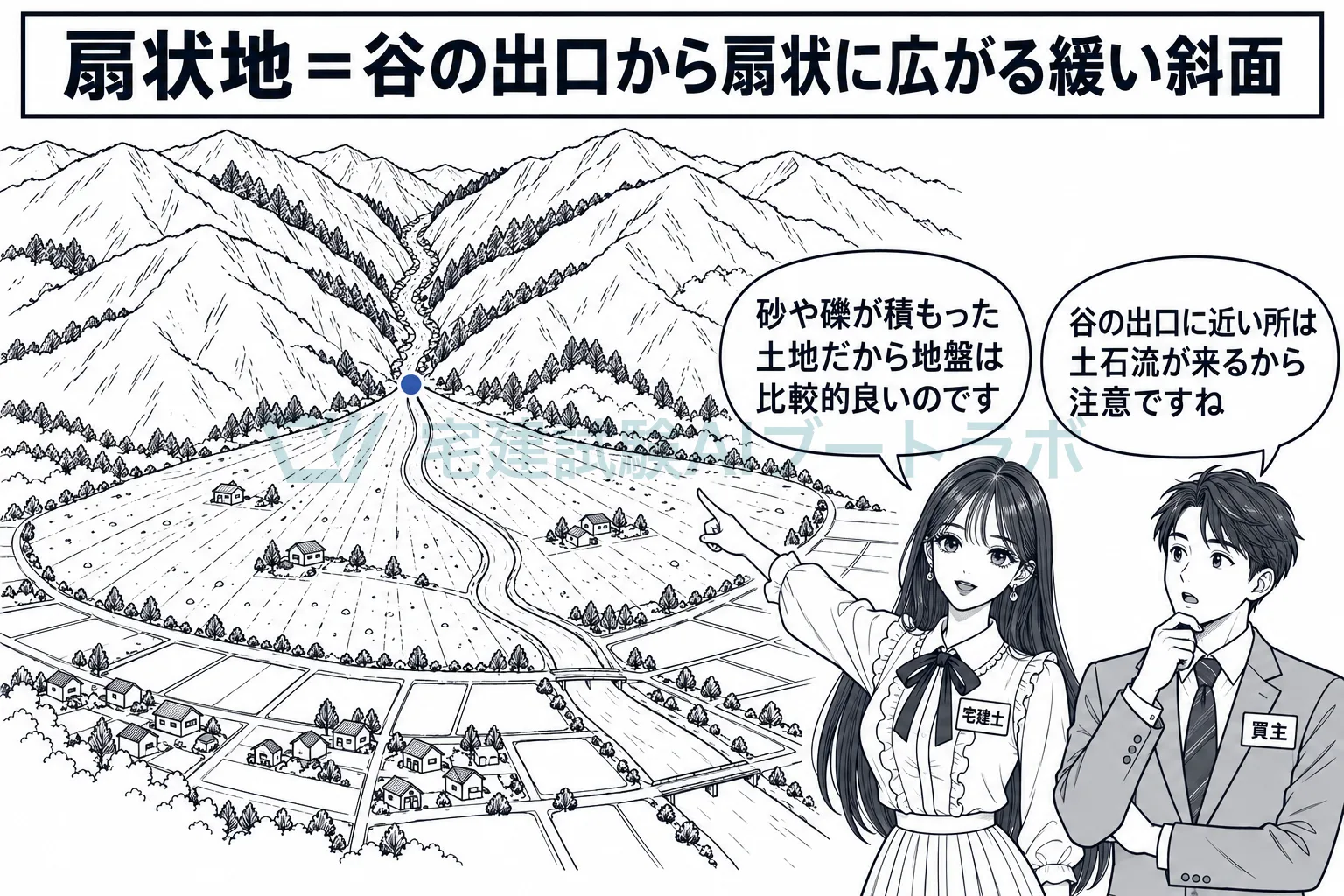 扇状地は谷の出口に砂礫が積もった土地だから、地盤は良いが土石流に注意する。