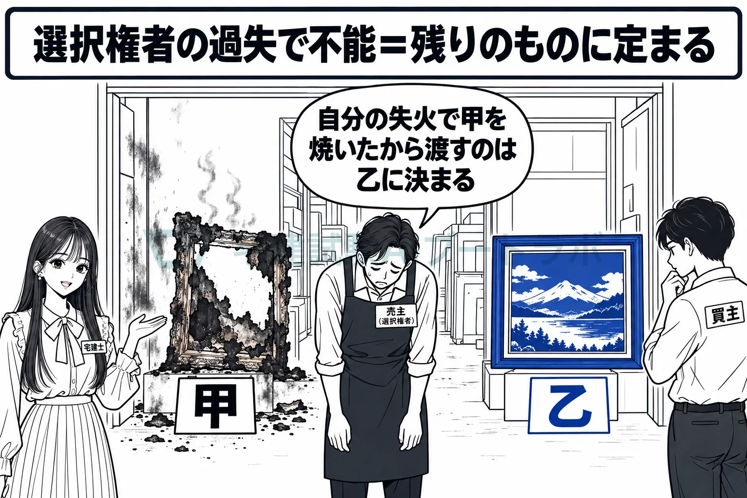 選択権を持つ売主の失火で甲が焼ければ、乙に定まる。