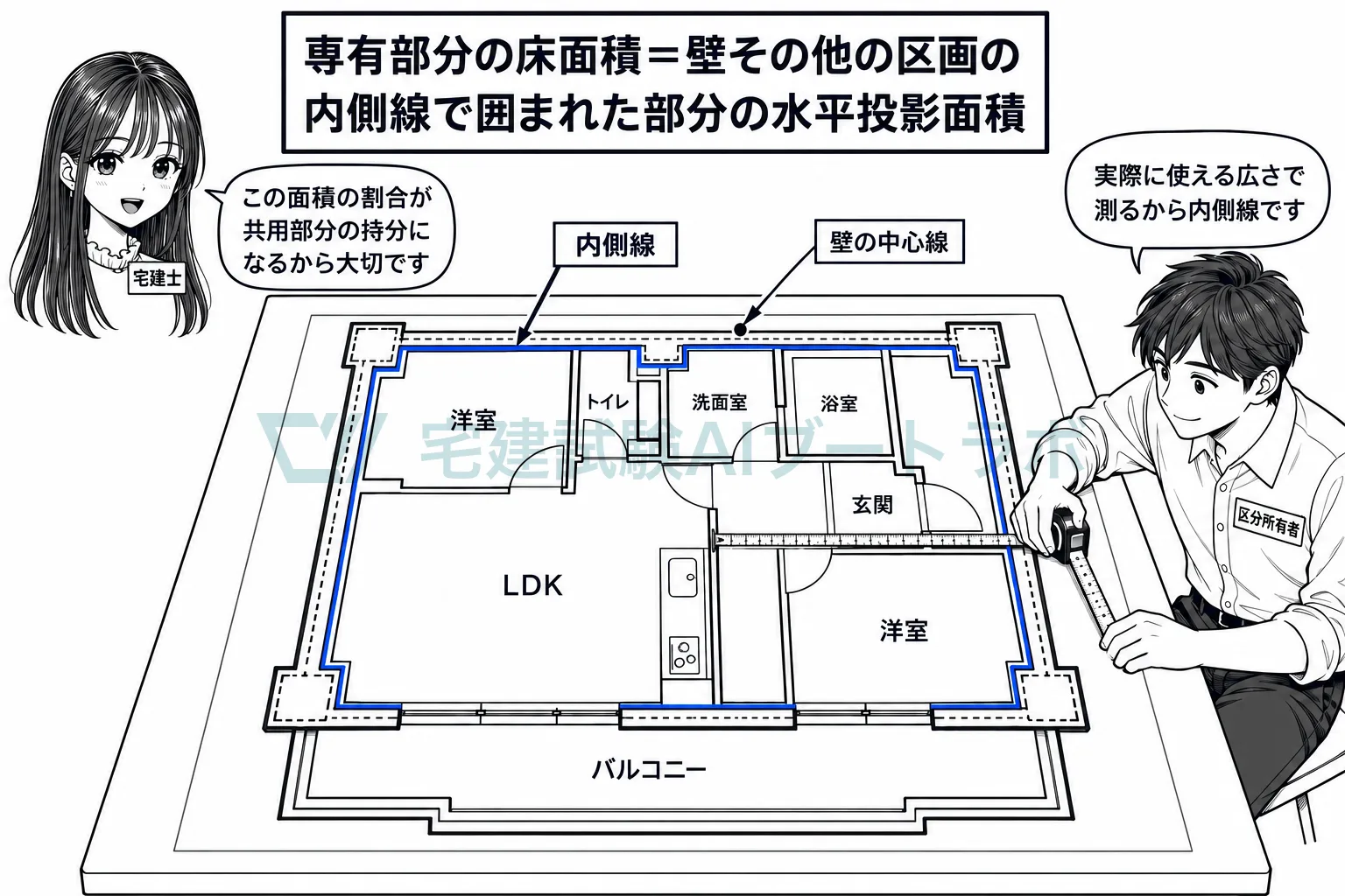 専有部分の床面積は、壁の内側線で囲まれた部分で測る。