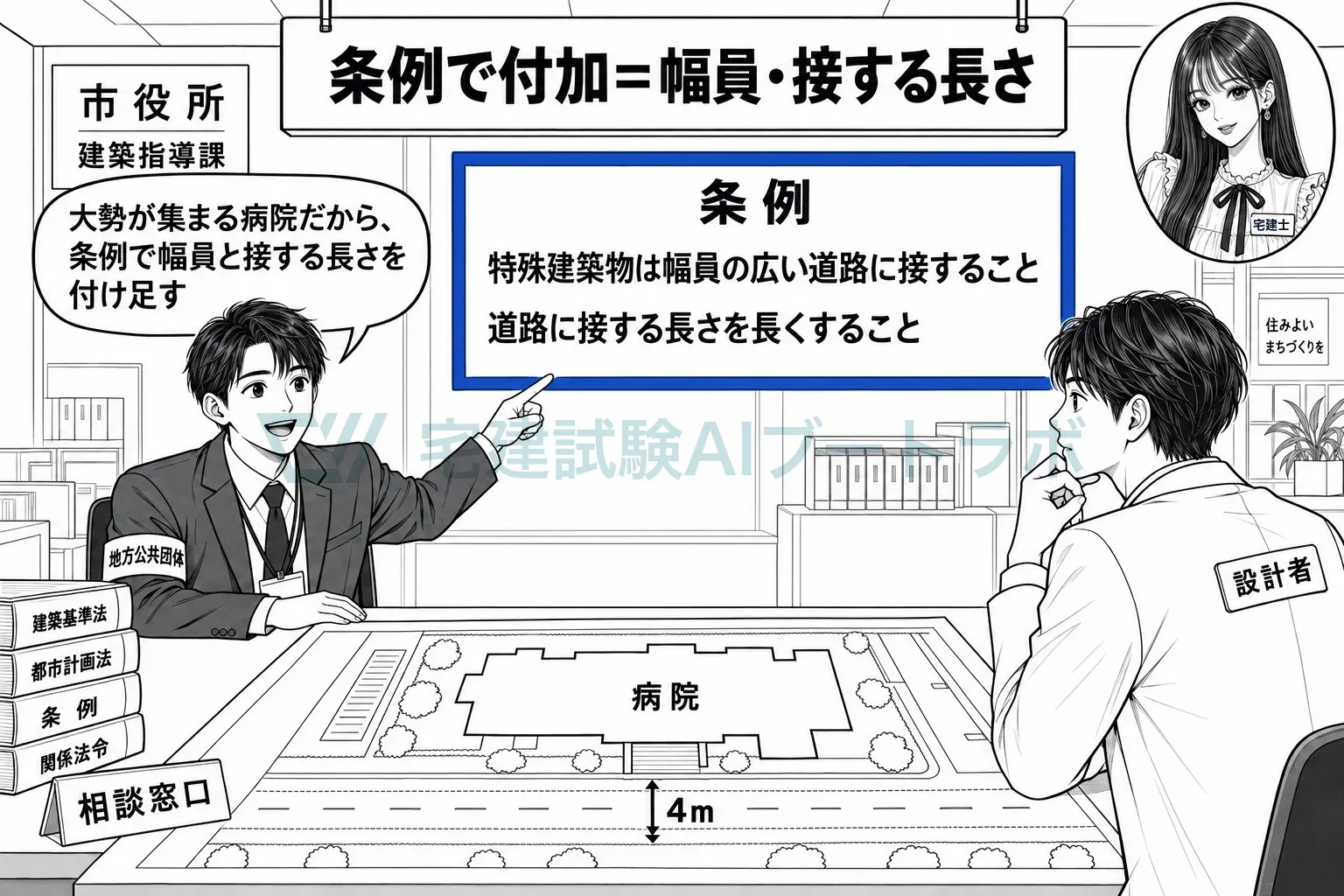 大勢が集まる建物には、条例で幅員や接する長さを付け足す。