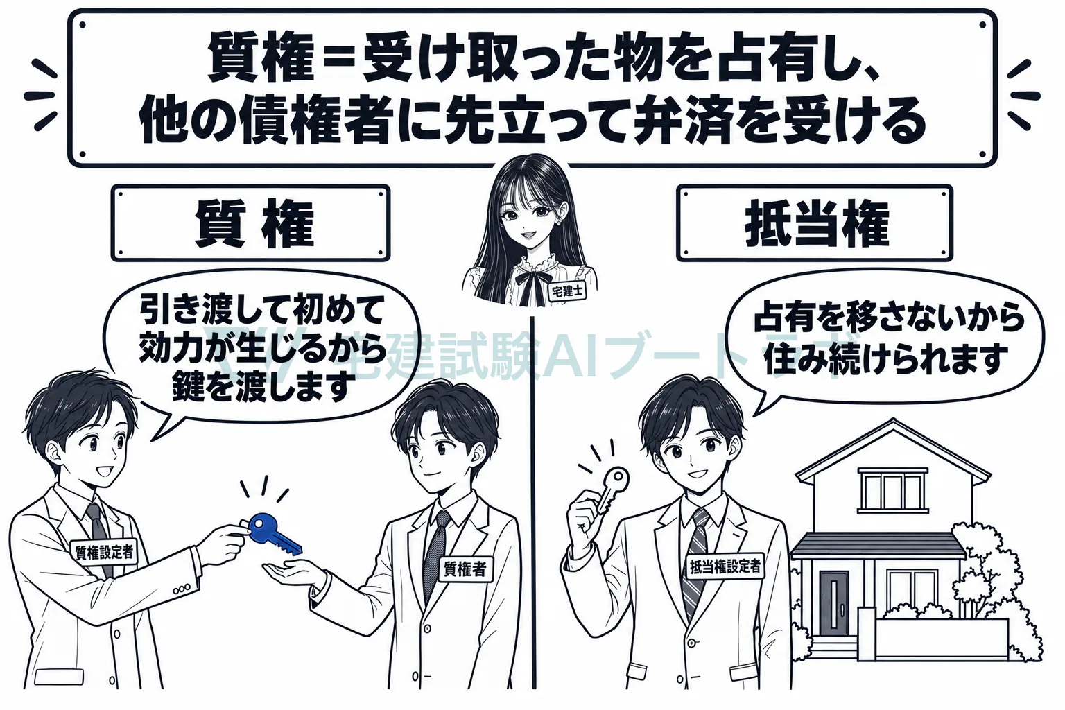 担保の物を債権者に預けてしまうのが質権、使い続けられるのが抵当権。