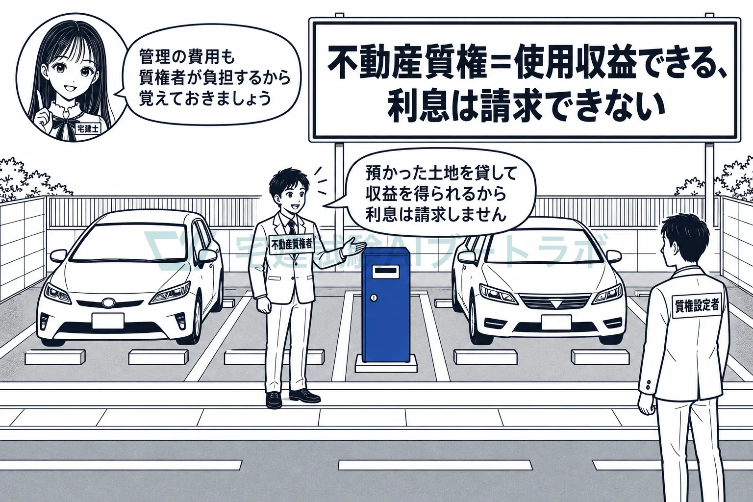 不動産質権者は不動産を使える代わりに、利息を請求できない。