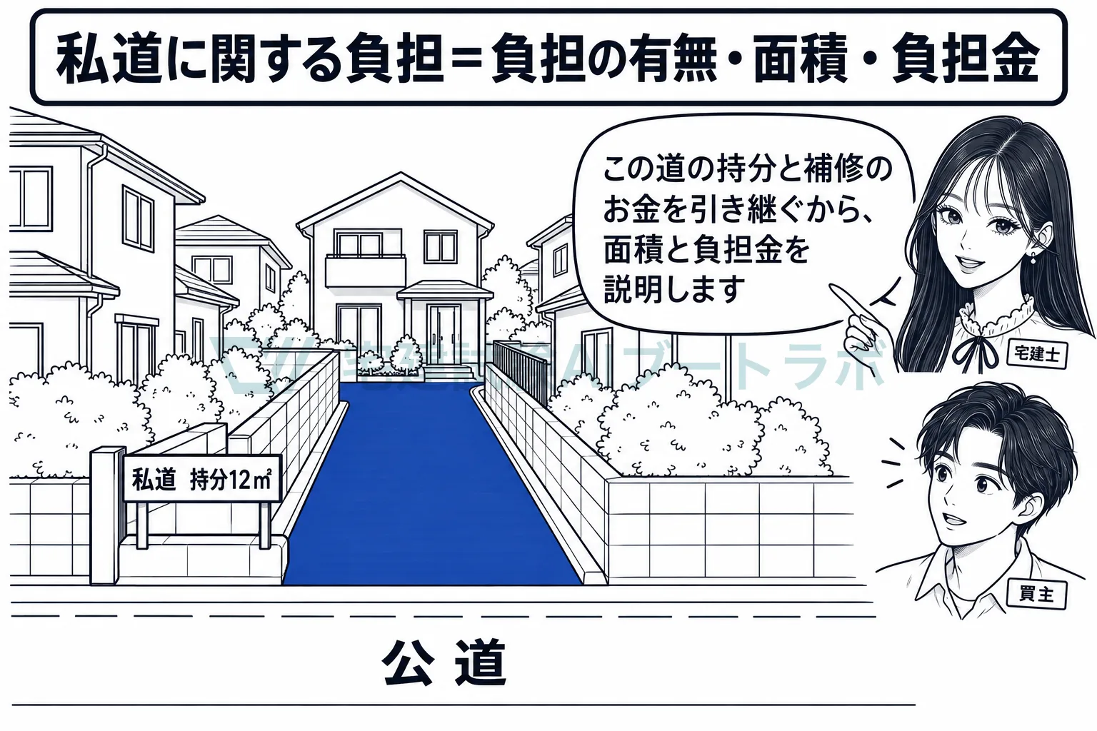 敷地の一部が私道になっていれば、その面積と負担金を説明する。
