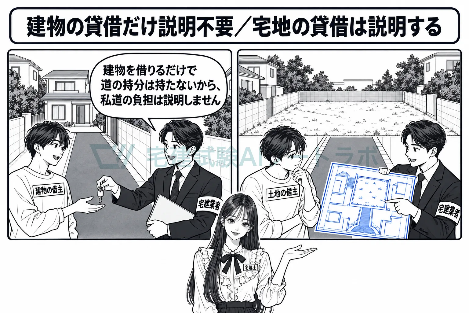 私道の負担を説明しなくてよいのは、建物の貸借のときだけ。