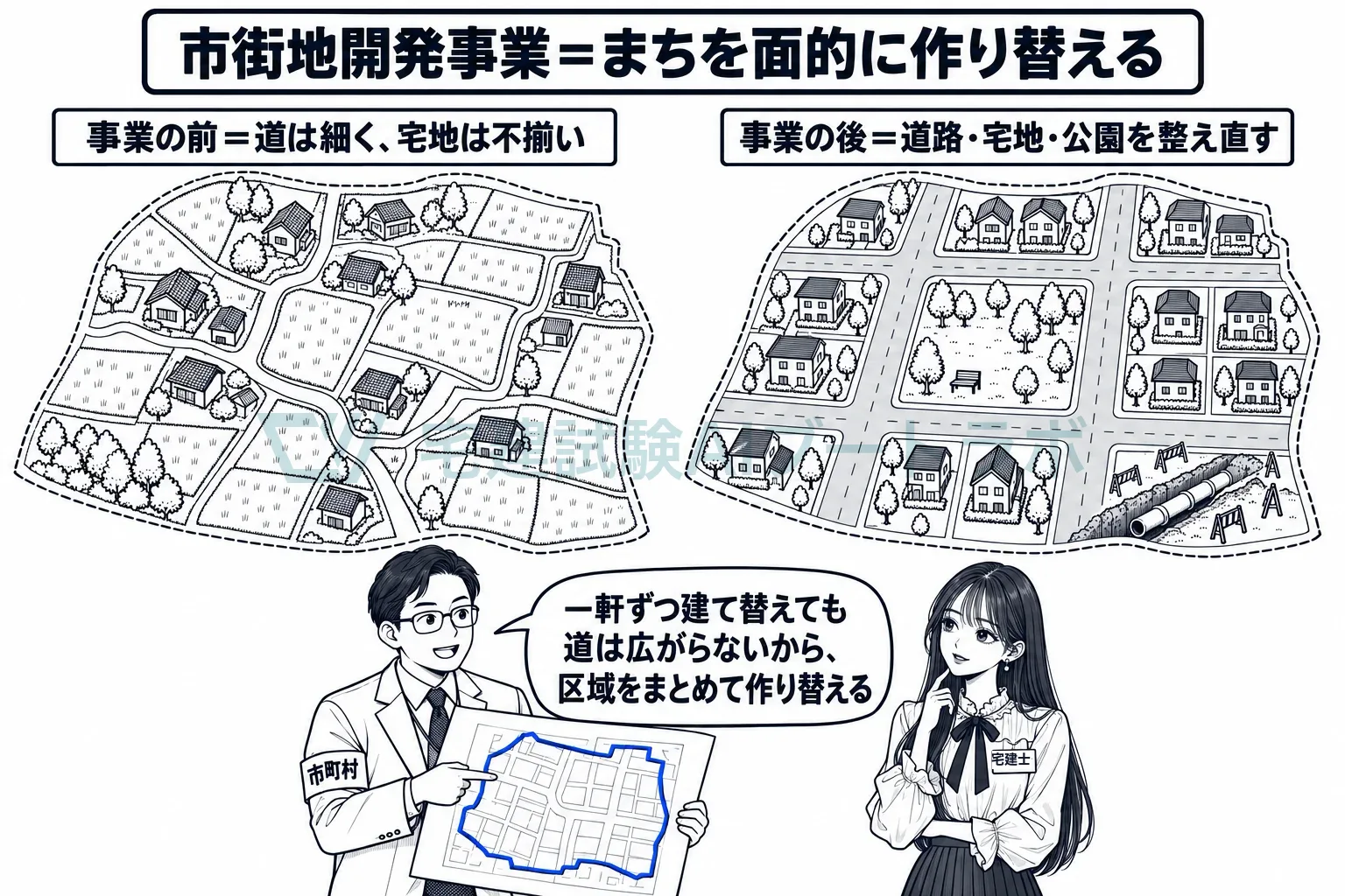 一軒ずつでは道が広がらないから、区域をまとめて作り替える。