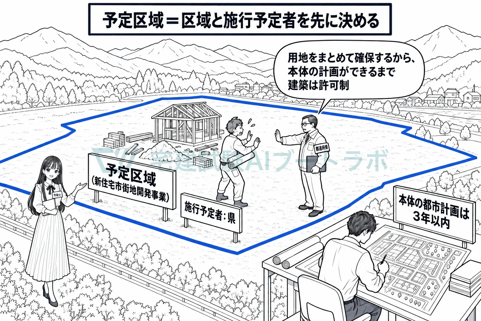 本体の計画ができるまで、区域と施行予定者を先に決めて用地を仮押さえする。