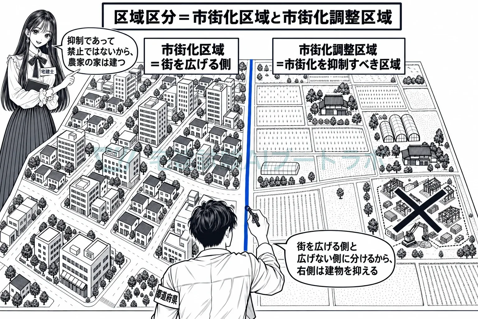 街を広げる側と広げない側に分け、広げない側が市街化調整区域。