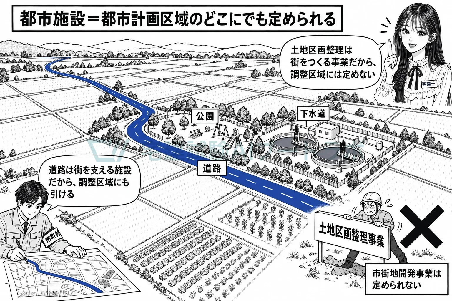 街をつくる計画は定めず、街を支える道路や公園は定める。