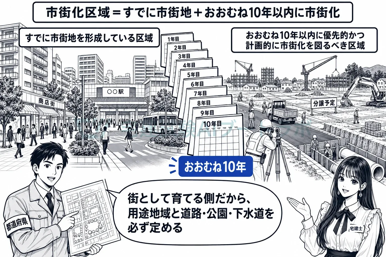 すでにある街と、おおむね10年以内に整える街。育てる側の区域。