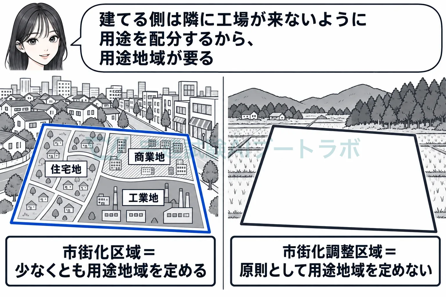 建てる側は用途を配分するから用途地域が要り、抑える側には原則要らない。