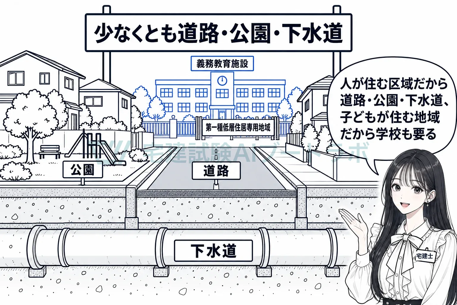 人が住むから道路・公園・下水道、子どもが住むから学校も。