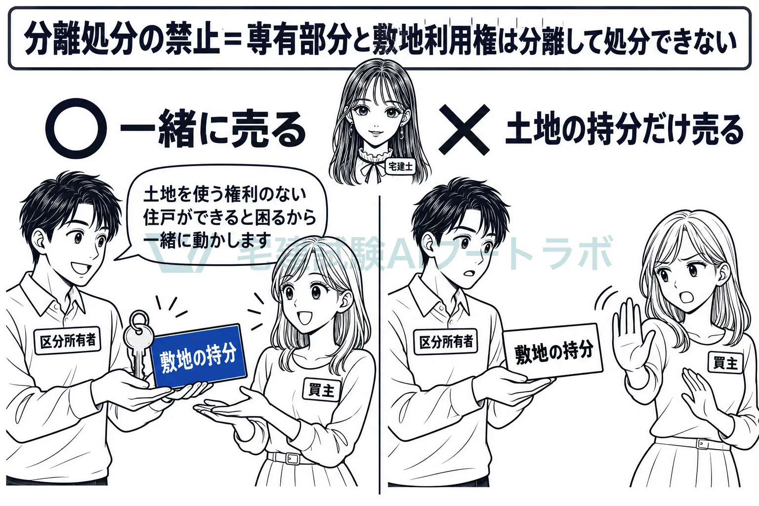 住戸と敷地利用権は一体で動き、土地の持分だけを売ることはできない。