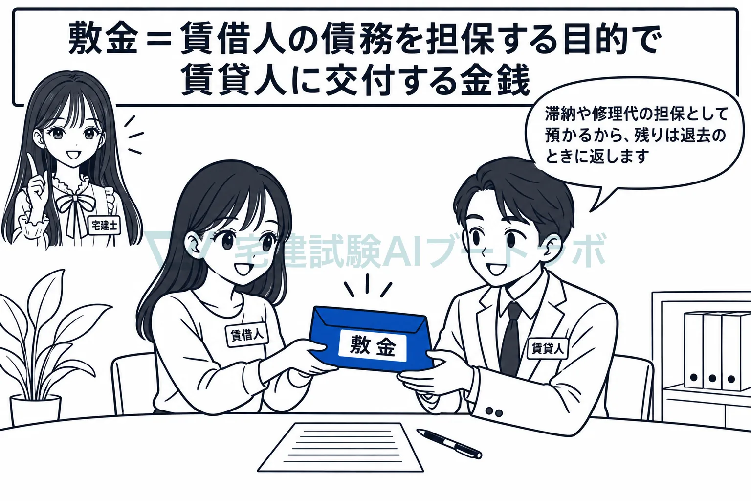 敷金は、賃料の滞納や修理代に備えて賃貸人に預けるお金。