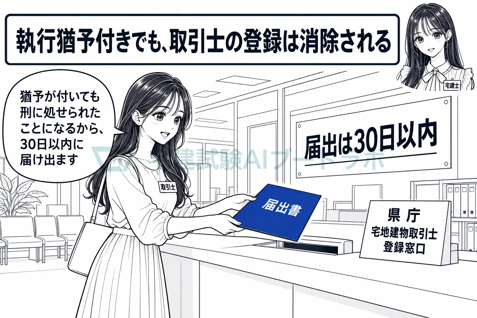 執行猶予付きでも、取引士は30日以内に届け出て登録を消除される。