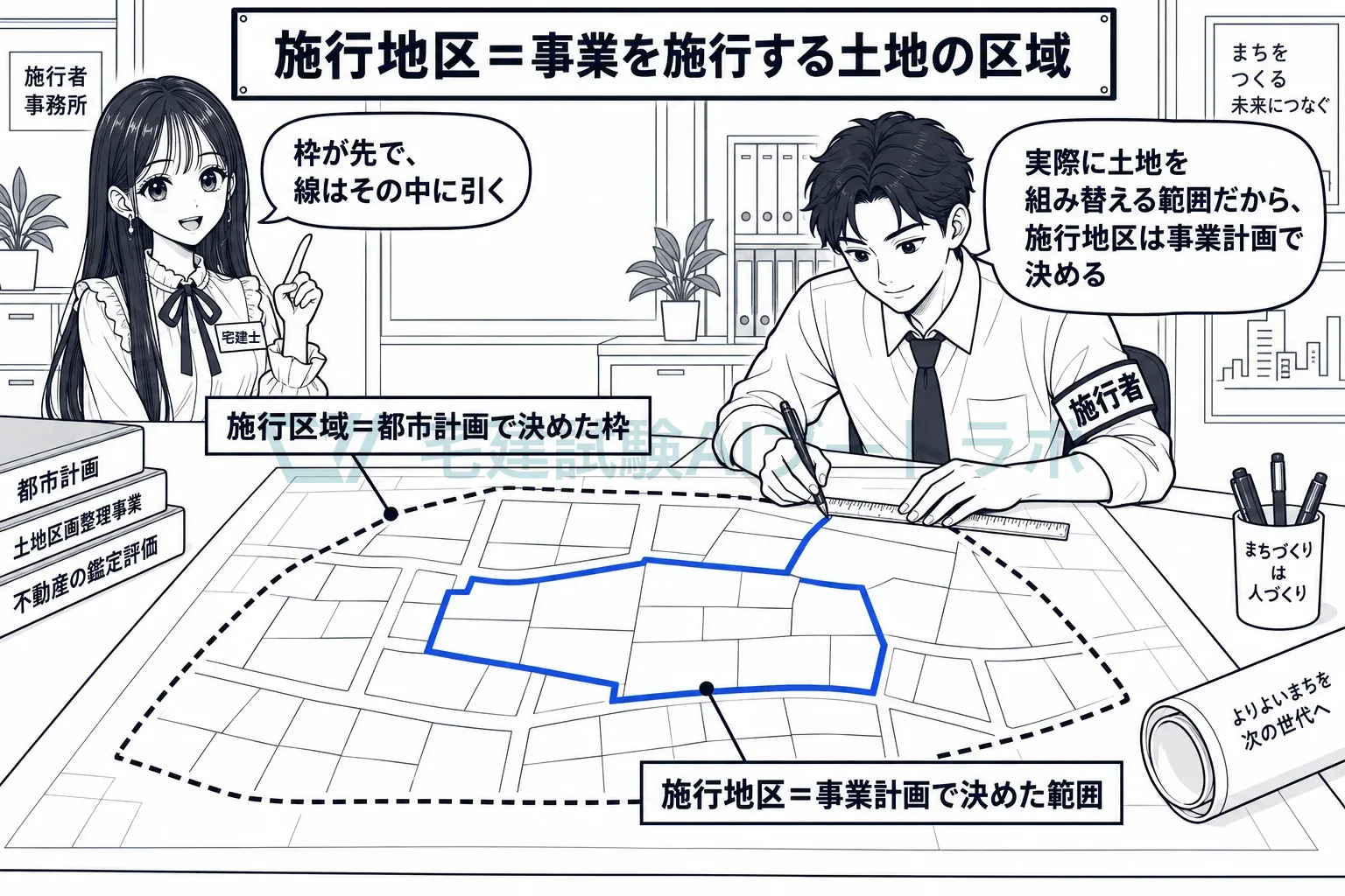 施行区域は都市計画が決めた枠、施行地区は事業計画で決めた範囲。