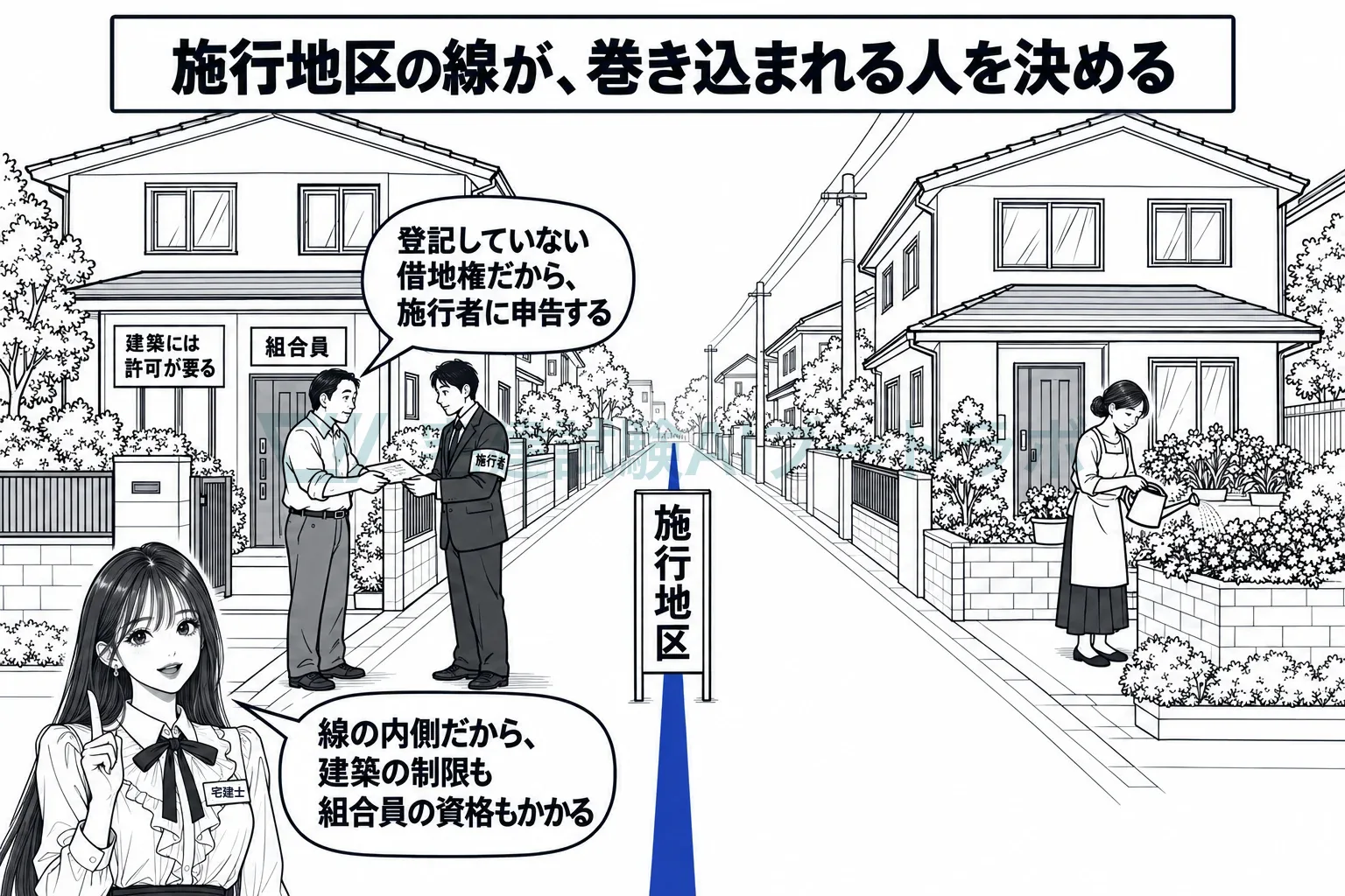 線の内側の家には建築の制限と組合員の資格がかかる。