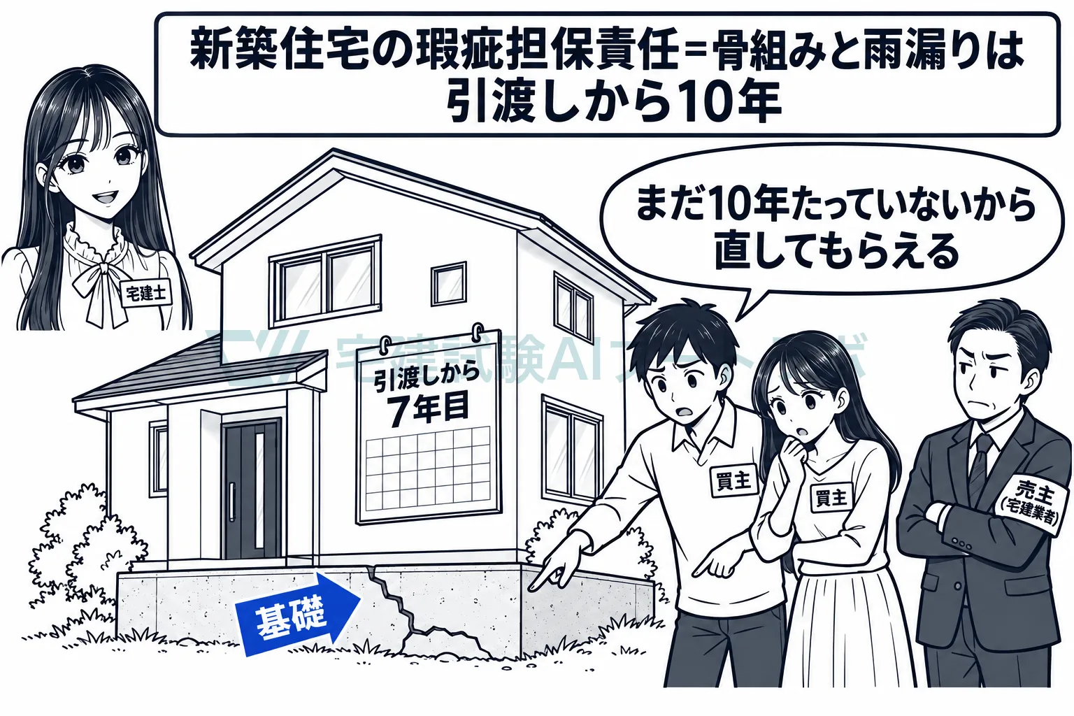新築住宅の骨組みと雨漏りは、売主が引渡しから10年間責任を負う。