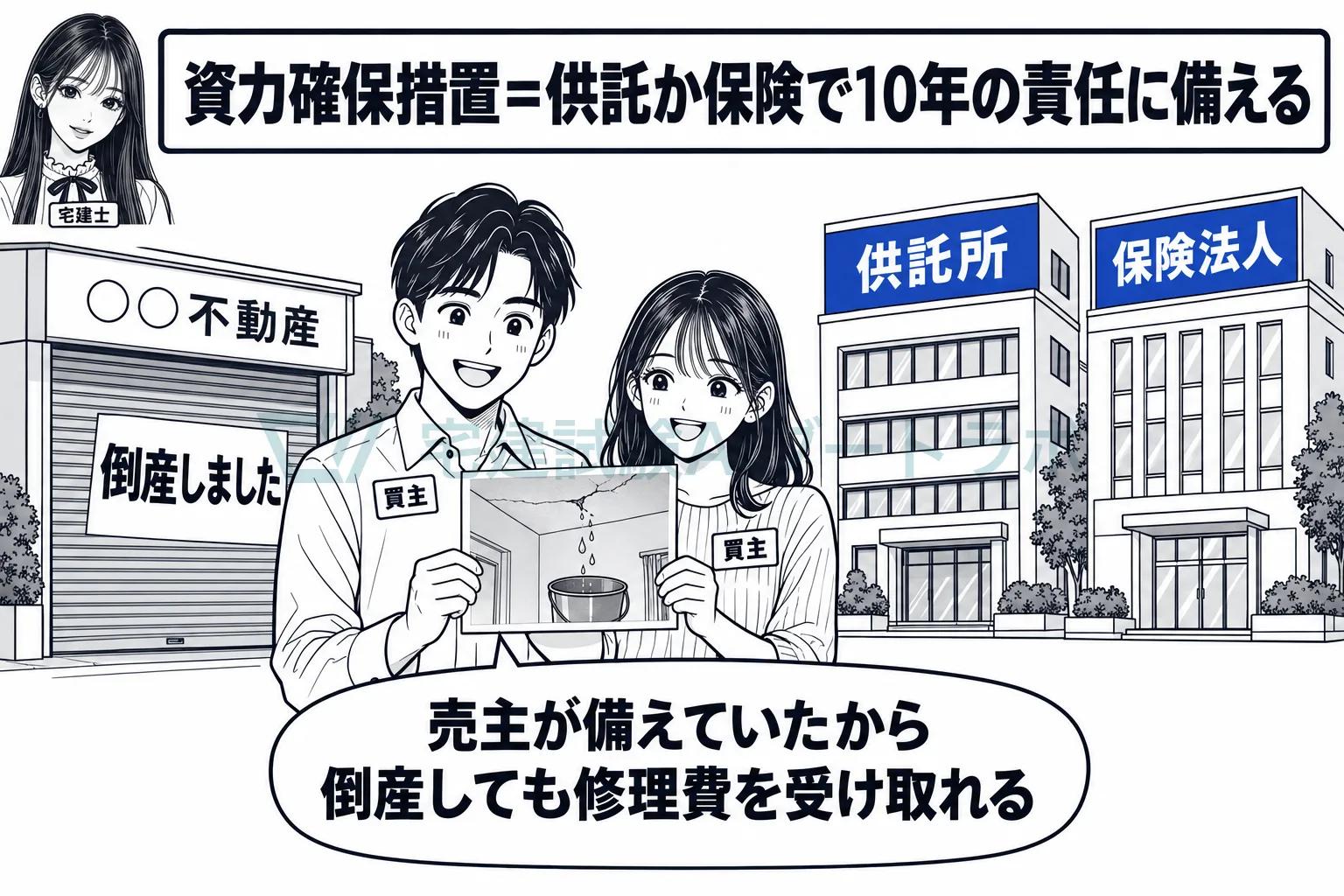 売主の業者が倒産しても買主が困らないよう、供託か保険で備えさせる。