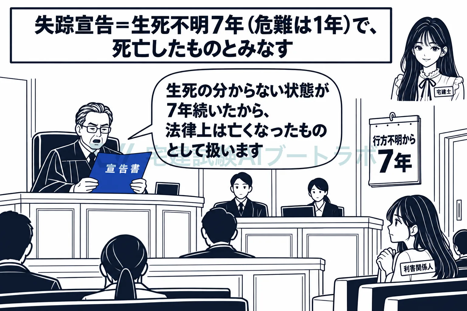 生死不明が7年続けば、家庭裁判所の宣告で死亡したものとみなされる。