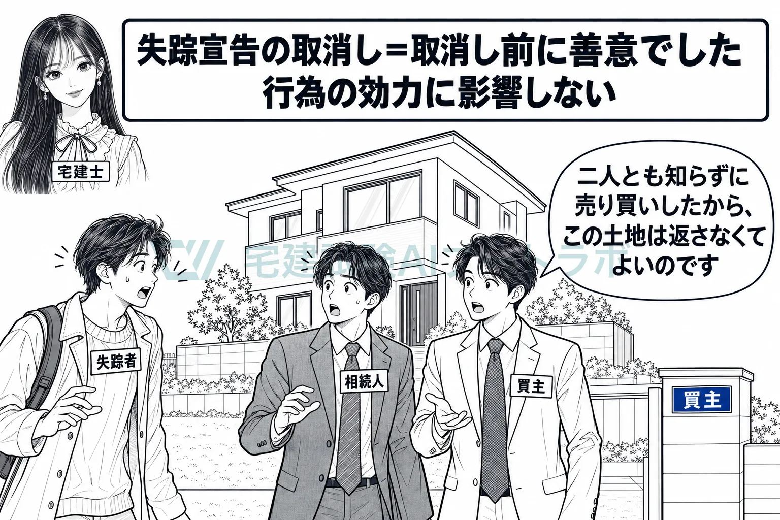 宣告が取り消されても、取消し前に双方が善意でした売買は覆らない。