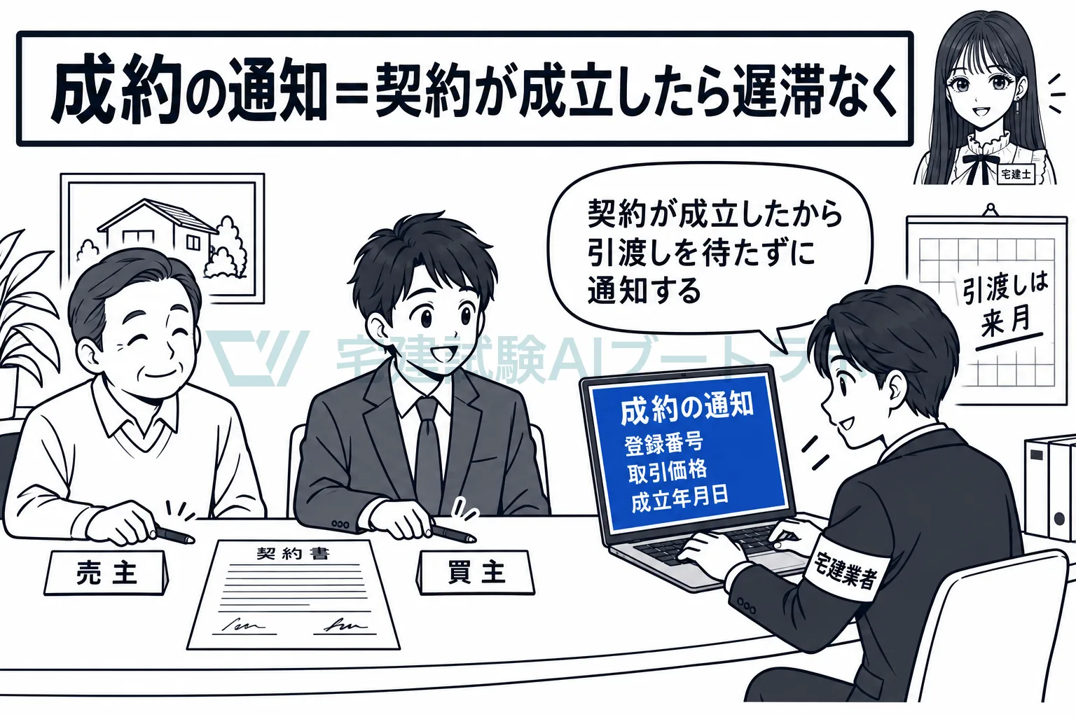 契約が成立したら、引渡しを待たずに通知する。