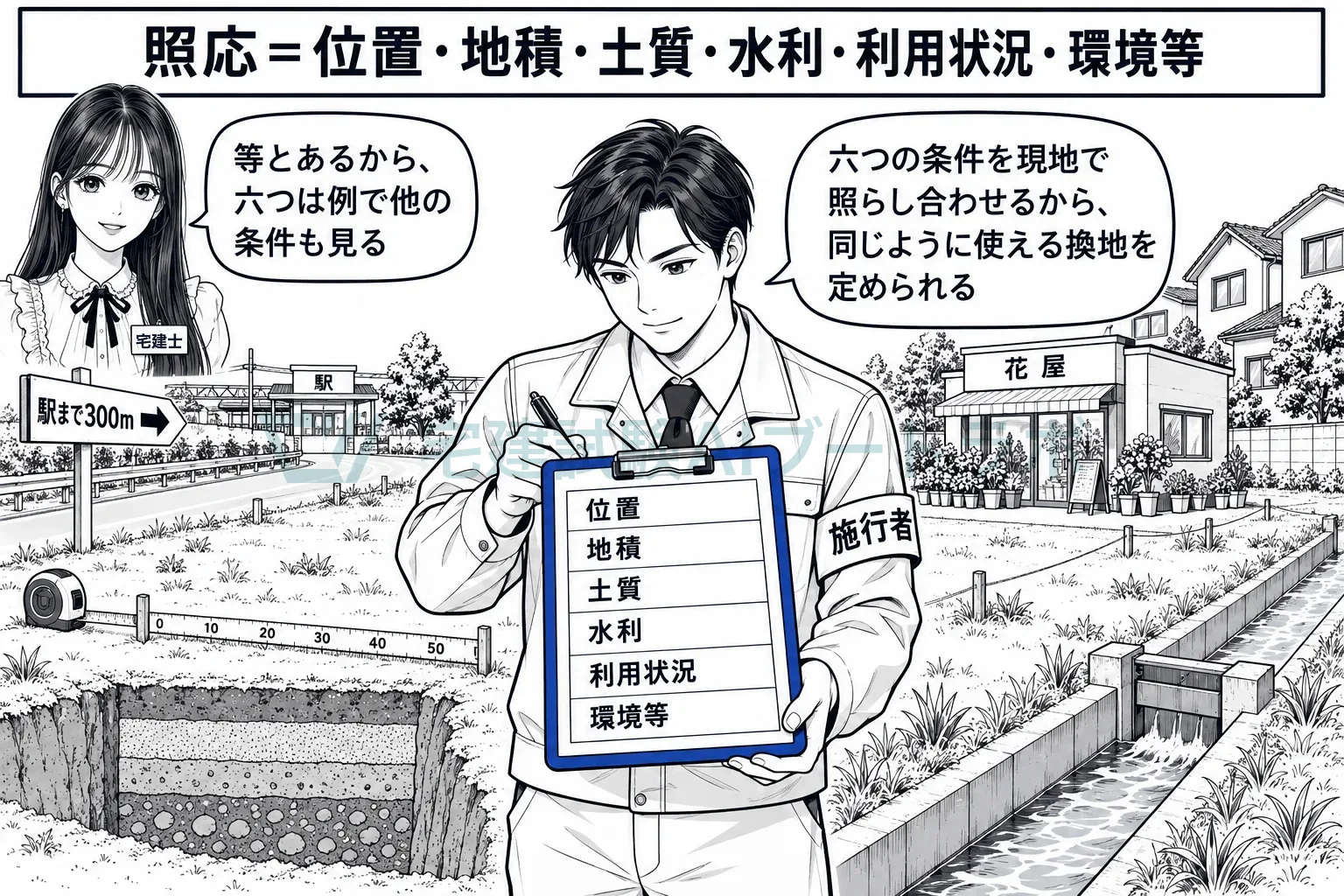 位置・地積・土質・水利・利用状況・環境等の六つを照らし合わせる。