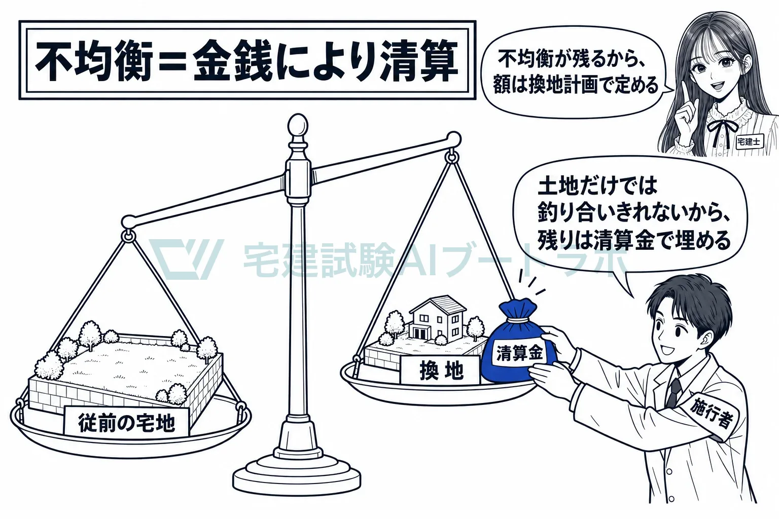 土地で釣り合わせきれない差は、清算金で埋める。