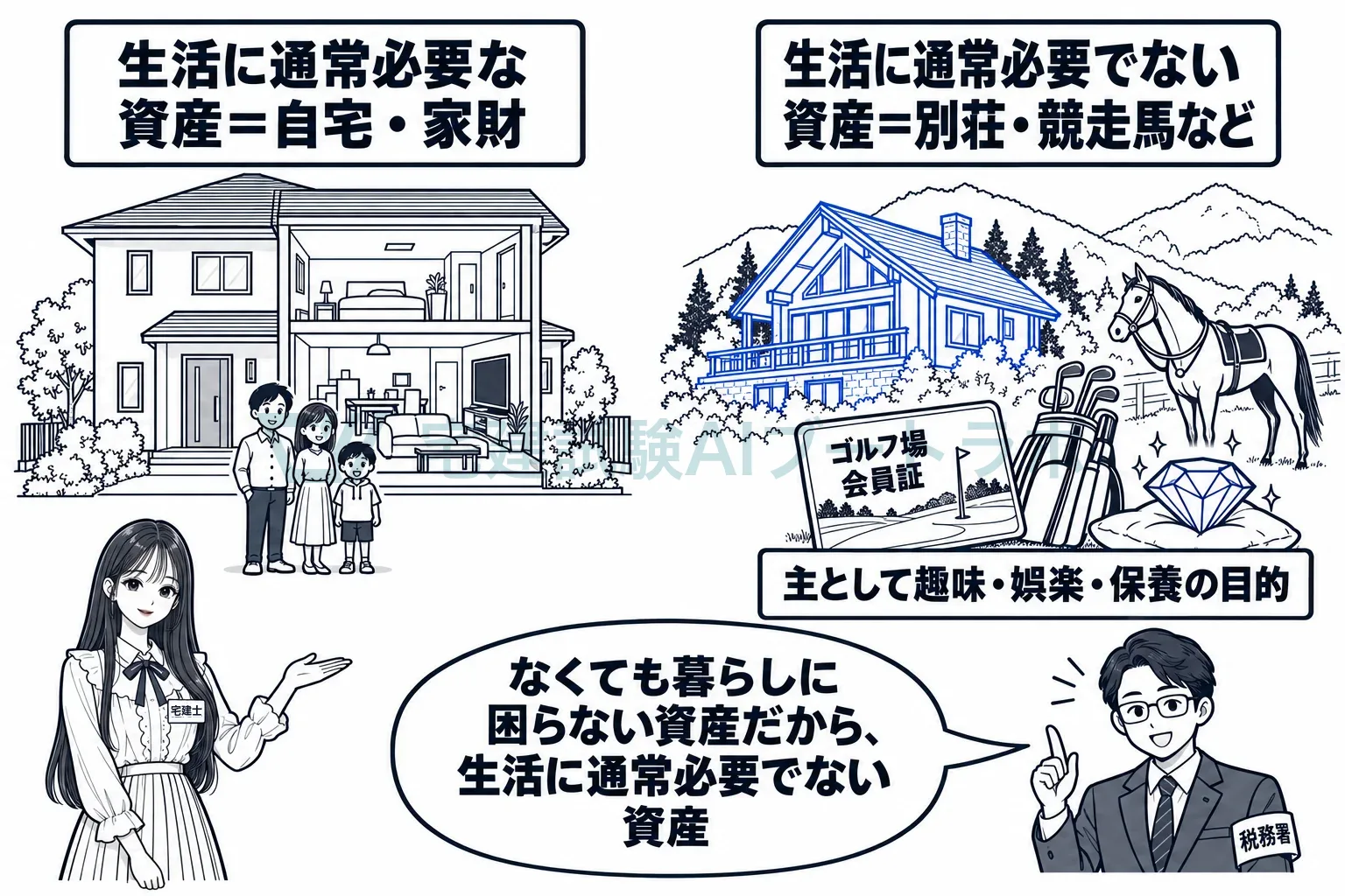 暮らしに要る自宅や家財ではなく、別荘や競走馬が生活に通常必要でない資産。