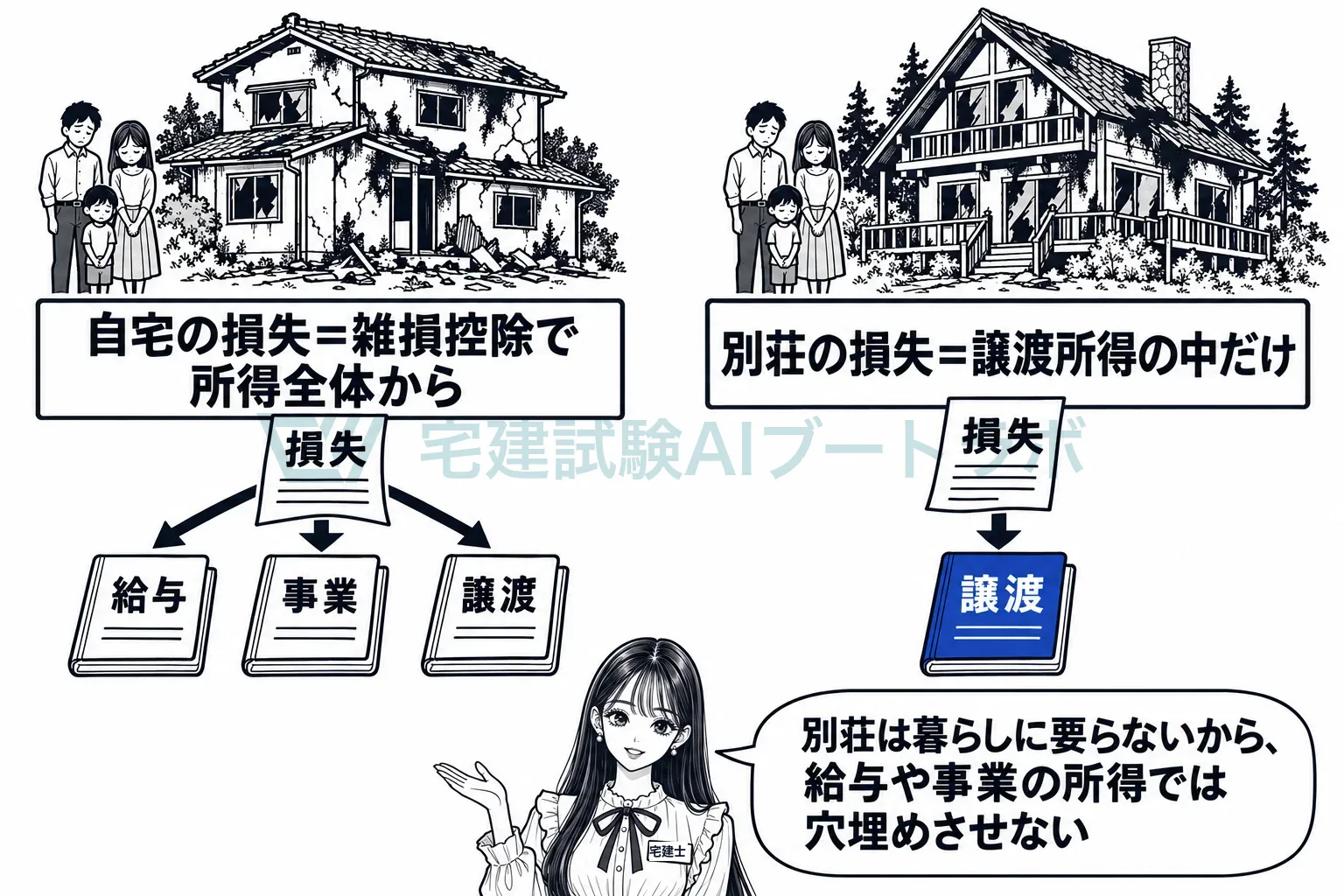 自宅の損は所得全体から、別荘の損は譲渡所得の中だけ。