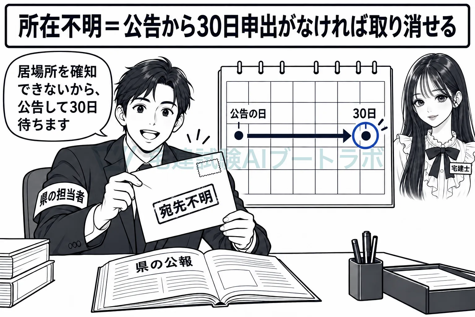 宛先不明で戻った業者には、公告をして30日の申出を待つ。
