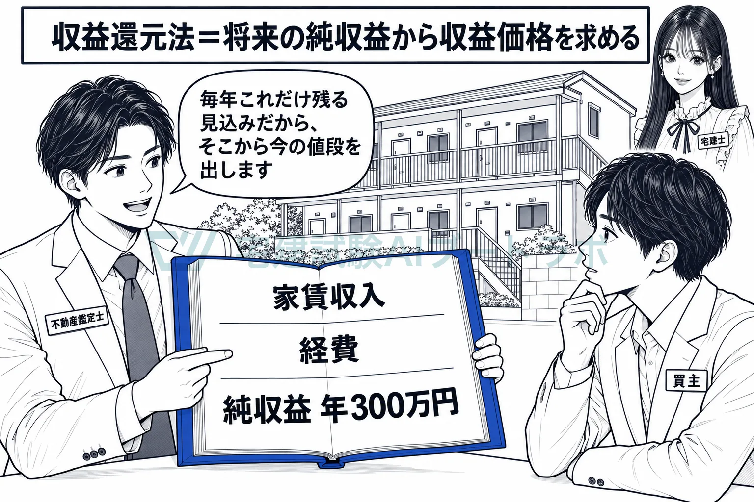 これから稼ぐ純収益をもとに今の価格を出すのが、収益還元法。