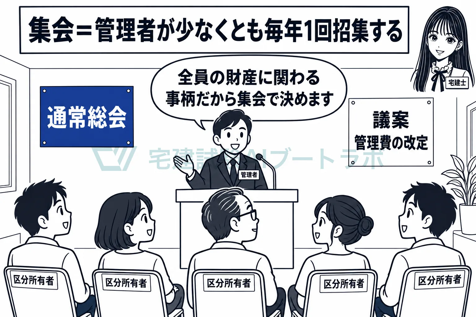 集会は、管理者が招集して、マンションの大事な事柄を決議で決める。