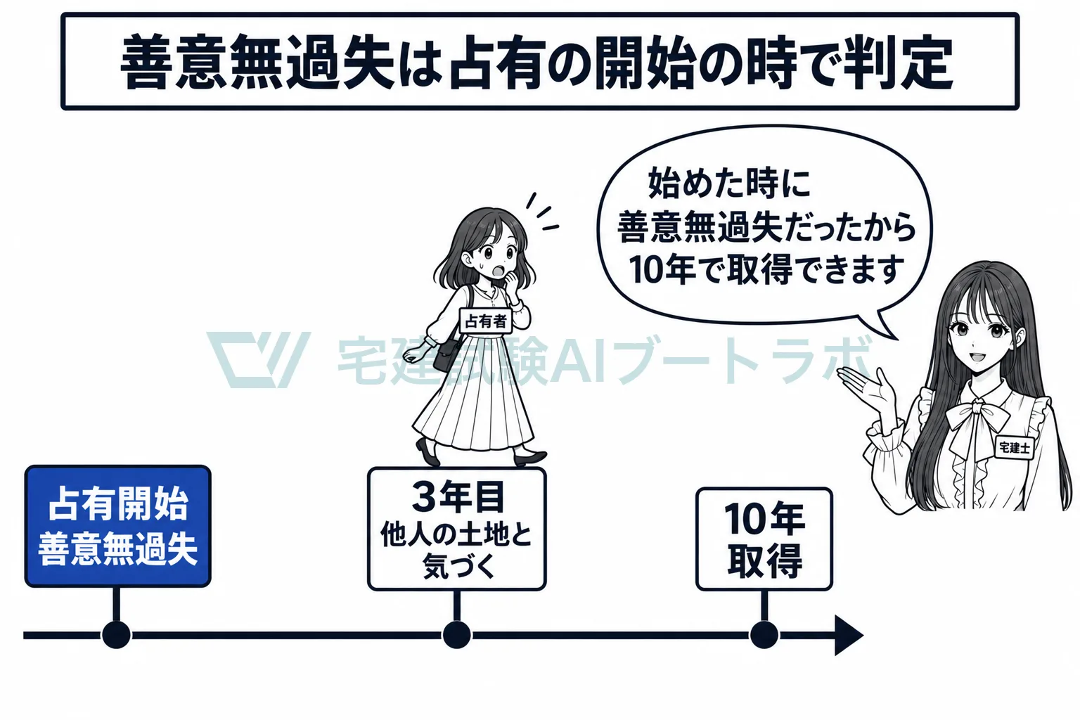 占有を始めた時に善意無過失なら、途中で気づいても10年で足りる。