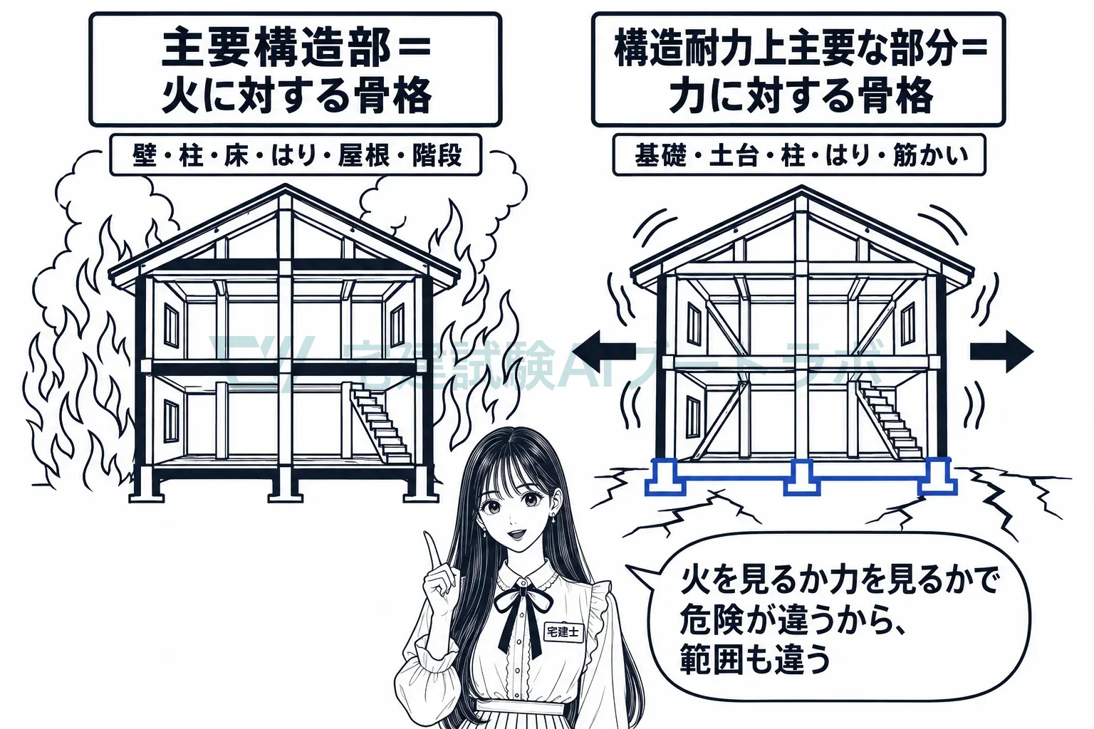 火に対する骨格が主要構造部、力に対する骨格が構造耐力上主要な部分。