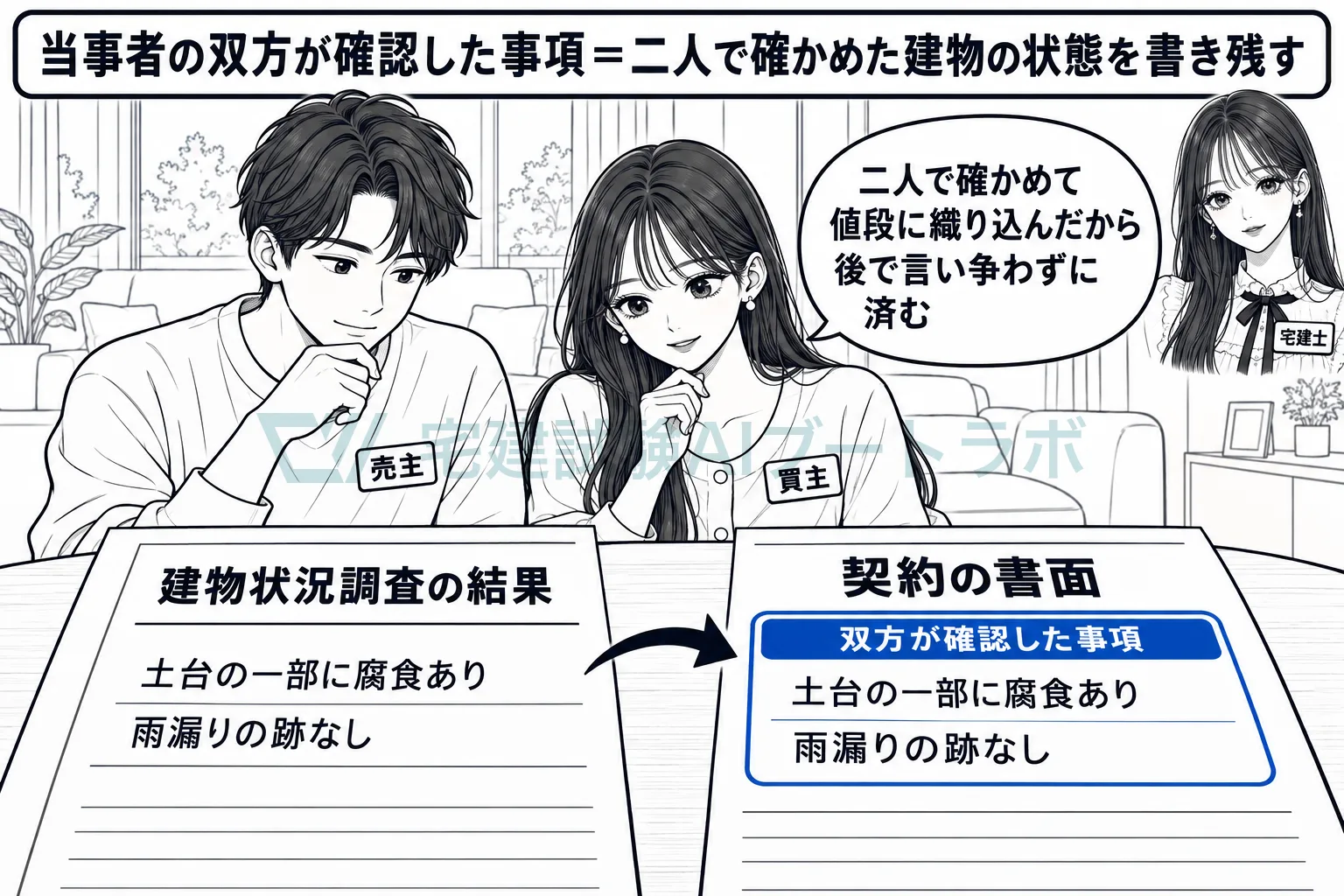 二人で確かめ合った建物の状態を、契約の後の書面に残す。