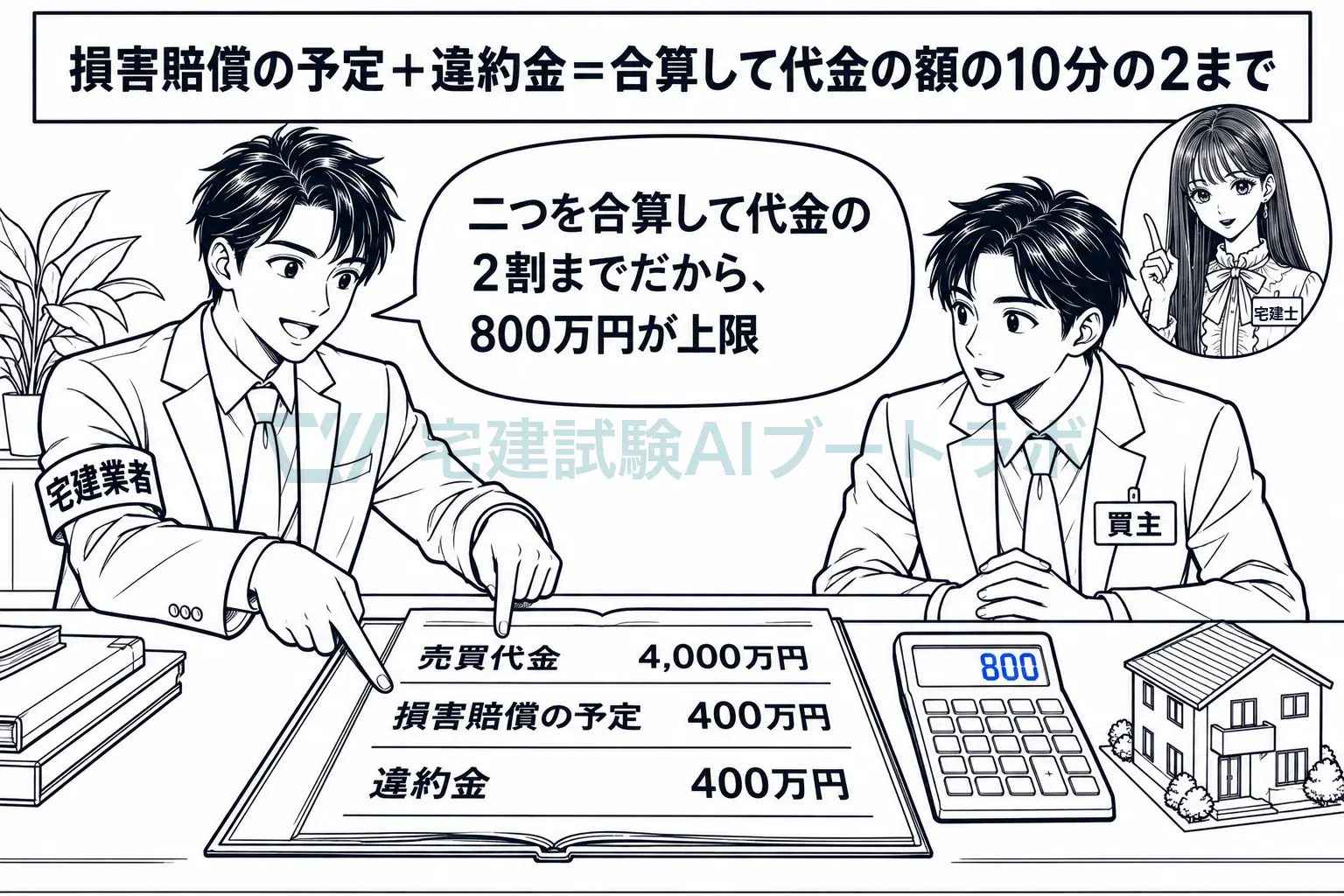 代金4,000万円なら、予定額と違約金は足して800万円まで。
