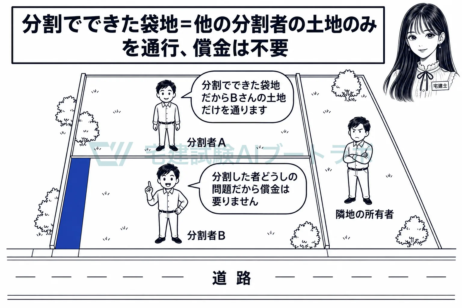 分割でできた袋地は、他の分割者の土地だけを、償金なしで通行できる。