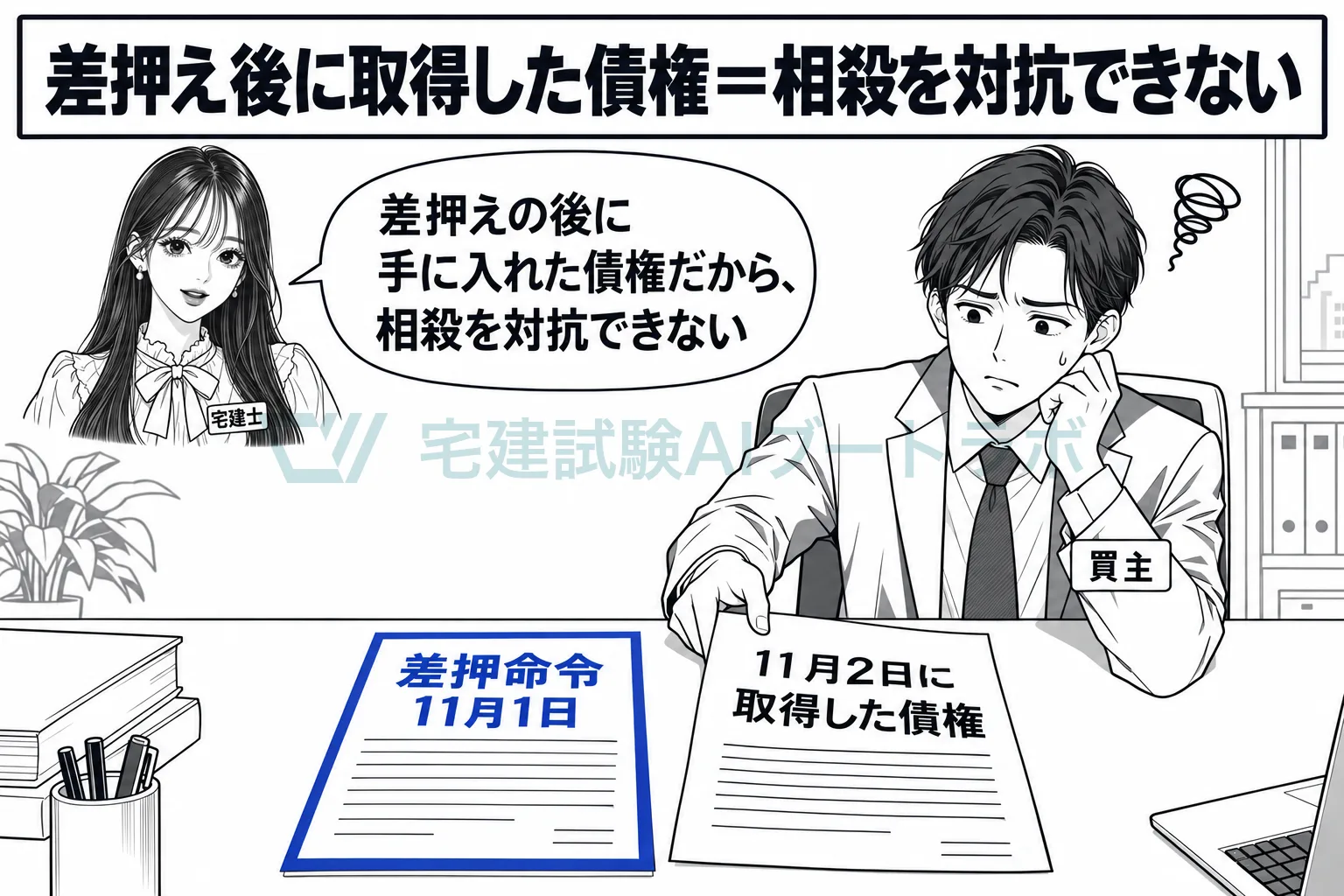 差押えの後に手に入れた債権では、差押債権者に相殺を対抗できない。