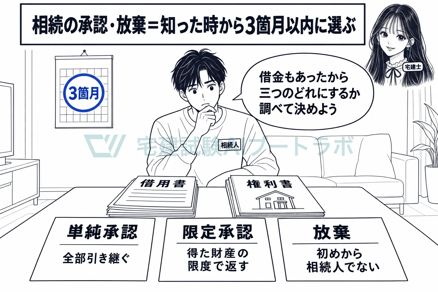 単純承認、限定承認、放棄の三つから、3箇月以内に選ぶ。
