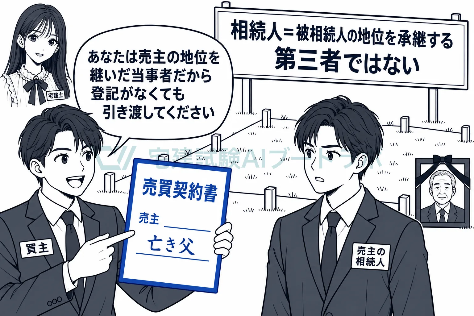 相続人は売主の地位を引き継いだ当事者なので、買主は登記なしで主張できる。