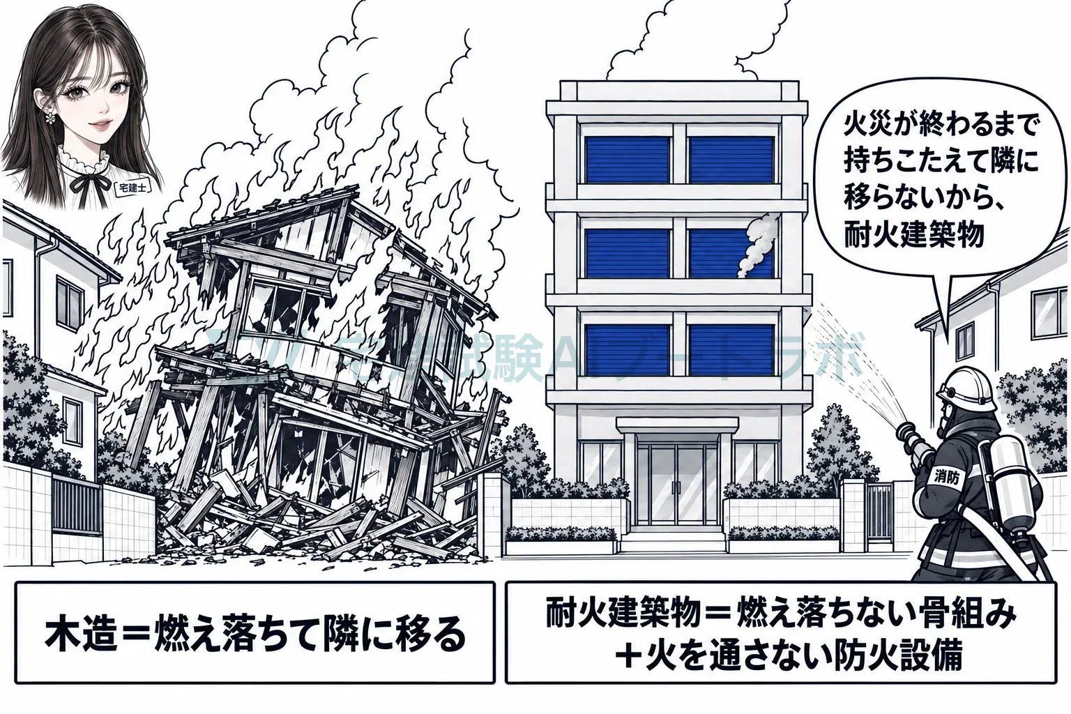 火災が終わるまで骨組みが持ちこたえ、窓からも火を出さない。