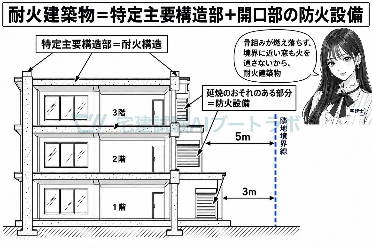骨組みは耐火構造、境界に近い窓には防火設備。