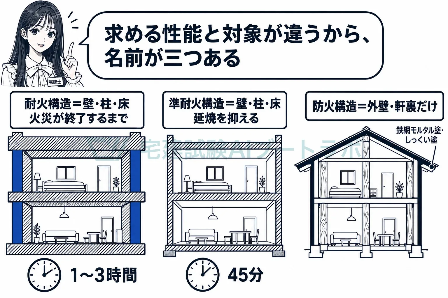 耐火は建物全体を立たせ、準耐火は延焼を遅らせ、防火は外側の皮だけ。
