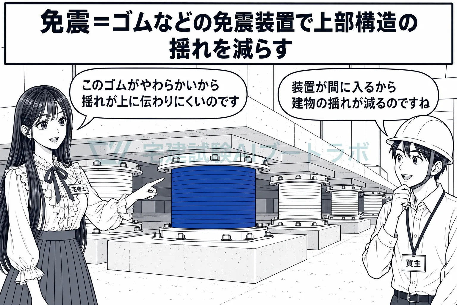 免震は建物の下にゴムの装置を入れるから、上の建物の揺れが減る。