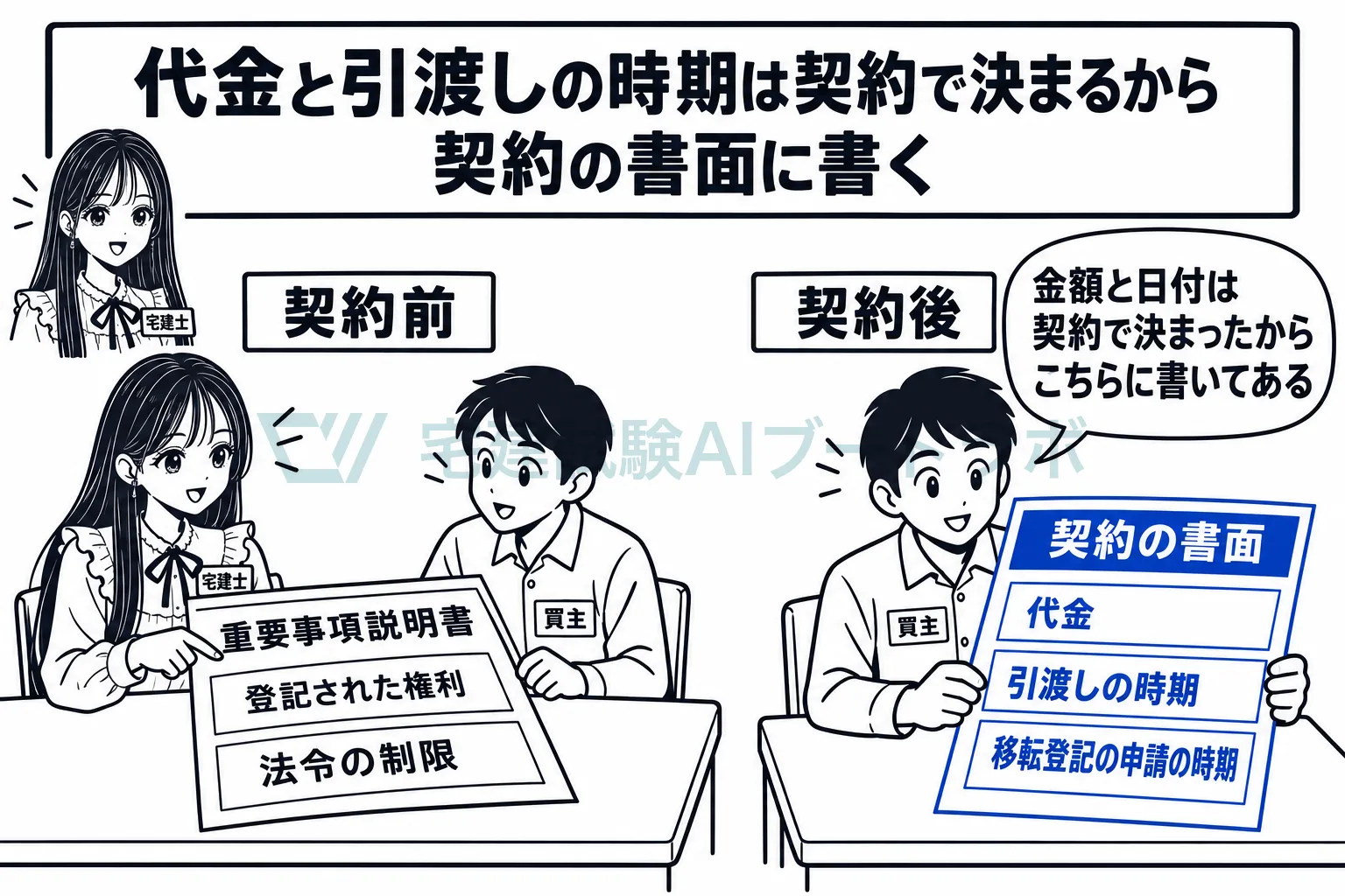 代金や引渡しの時期は、契約で決まるから契約の後の書面に書く。
