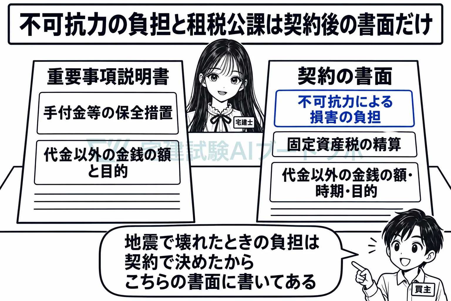 不可抗力の負担と租税公課は、契約の後の書面にだけ書く。