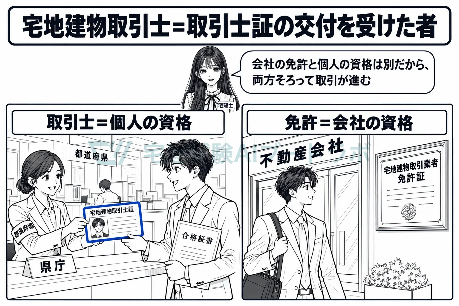 会社の免許は会社に、取引士証は個人に。二つそろって取引が進む。
