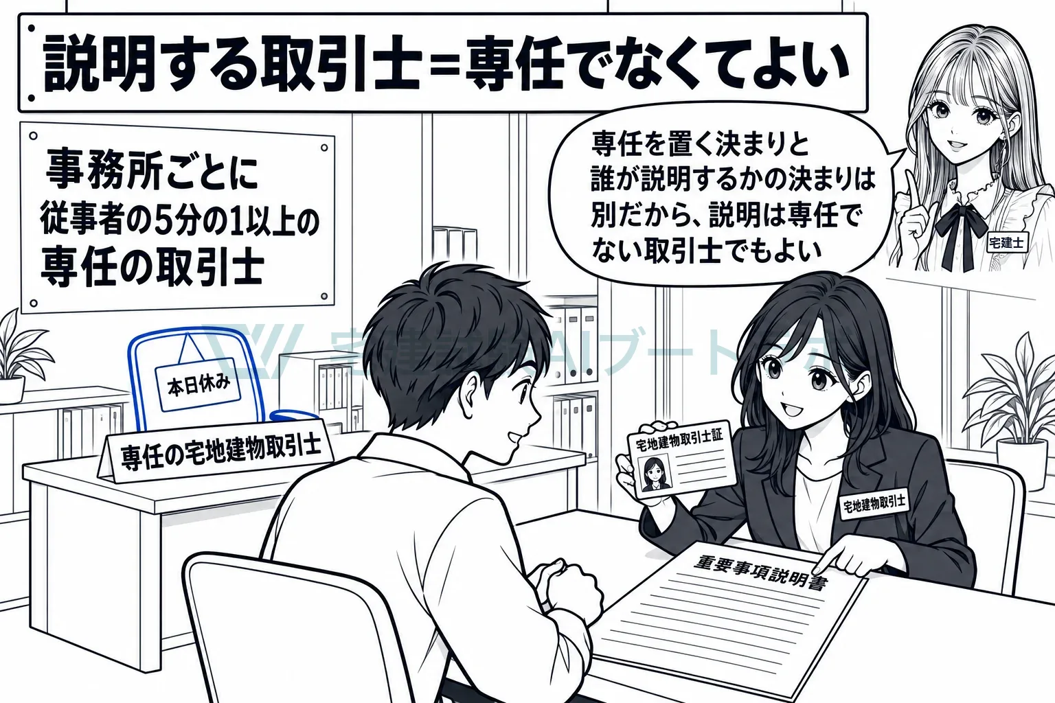 専任が休みでも、別の取引士が説明すれば足りる。