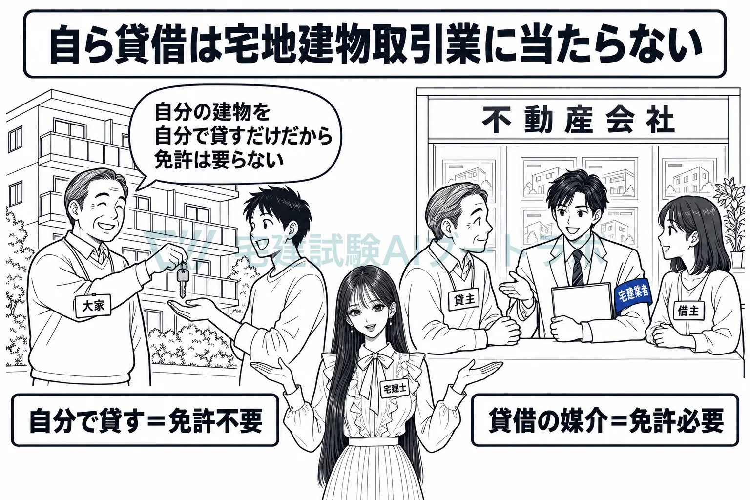 自分の建物を自分で貸すのは、宅地建物取引業に入らない。