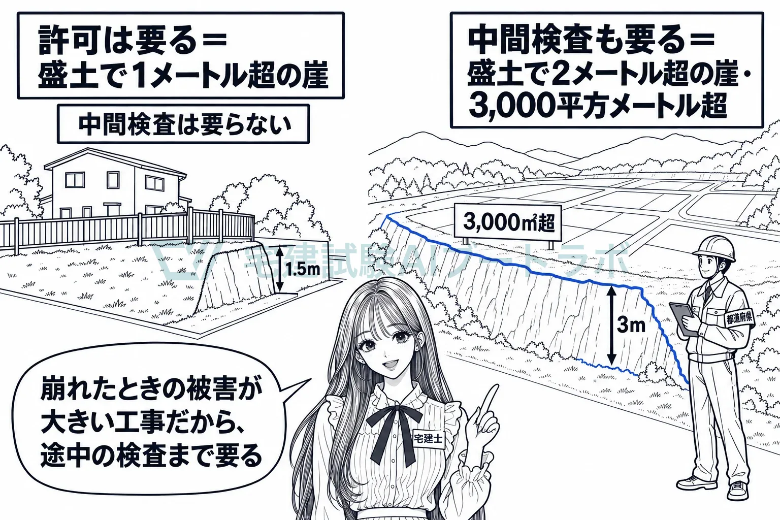 許可は500平方メートル超から、中間検査は3,000平方メートル超から。